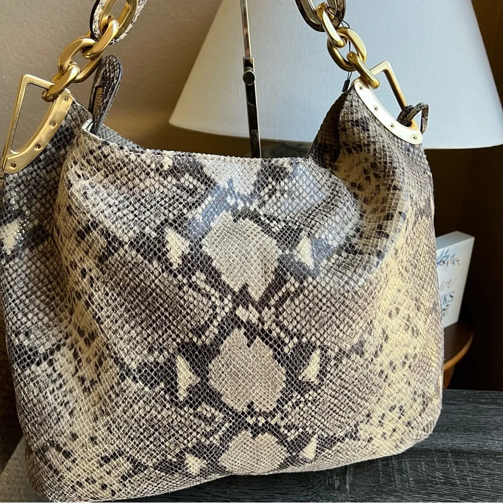 Michael Kors Ines Snake Print Leather Metal Chain Hobo Retail $498